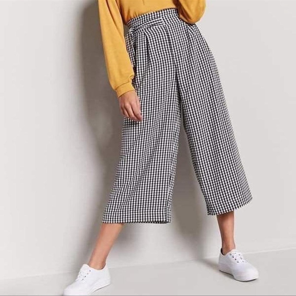 Zara Gingham Blue Checkered Culottes Wide Leg Pants